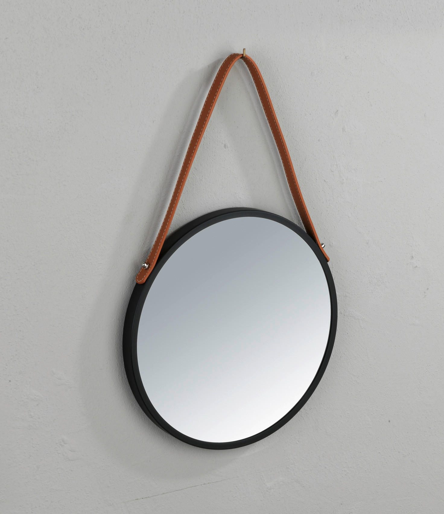WANDSPIEGEL 40/40/3 cm    in rund  - Schwarz/Braun, Basics, Glas/Leder (40/40/3cm) - Wenko