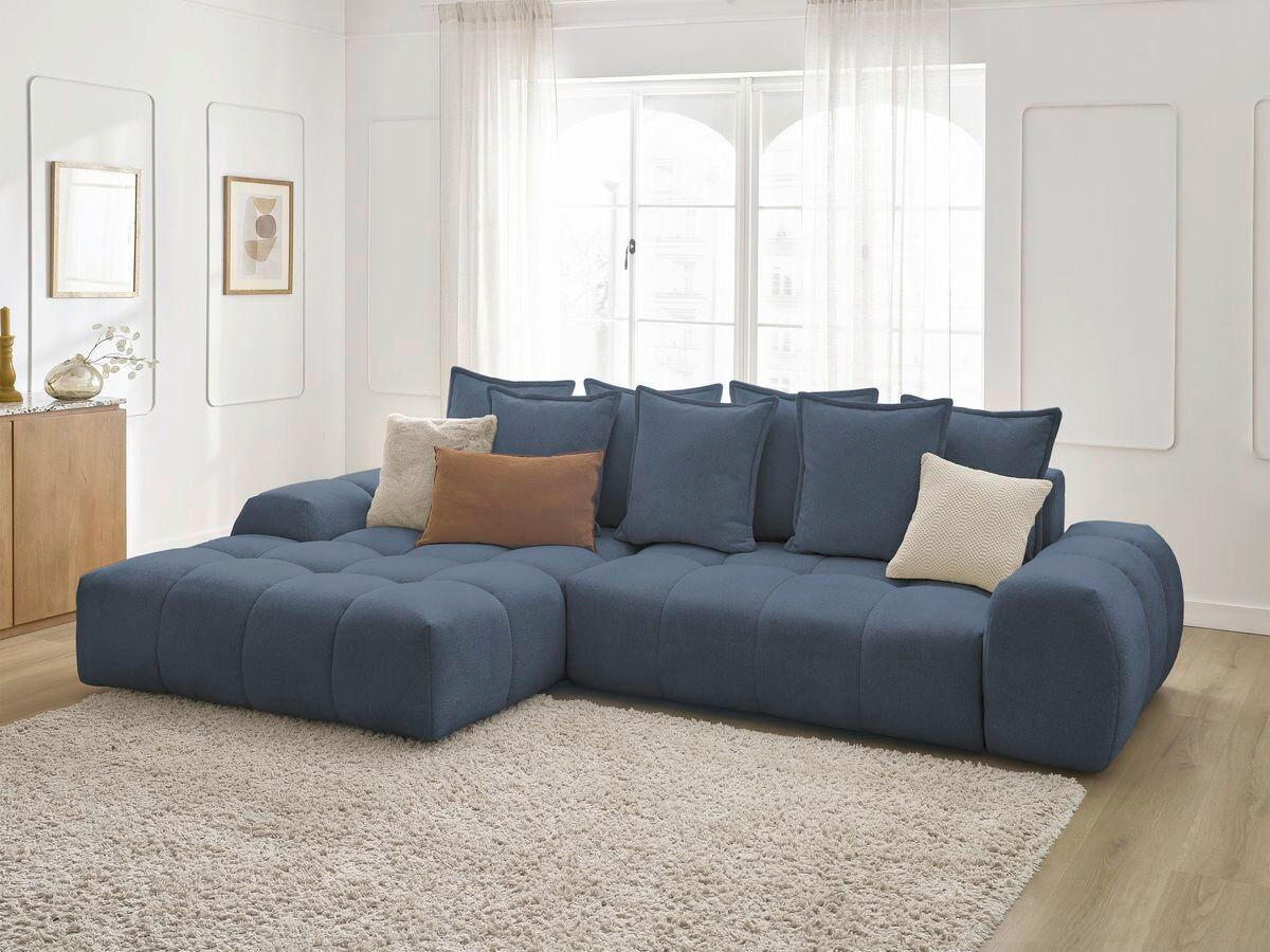 ECKSCHLAFSOFA EVEREST  mit Rücken echt, Armteil links, Armteil rechts Flachgewebe Dunkelblau  - Schwarz/Dunkelblau, MODERN, Kunststoff/Textil (180/318cm) - Livetastic