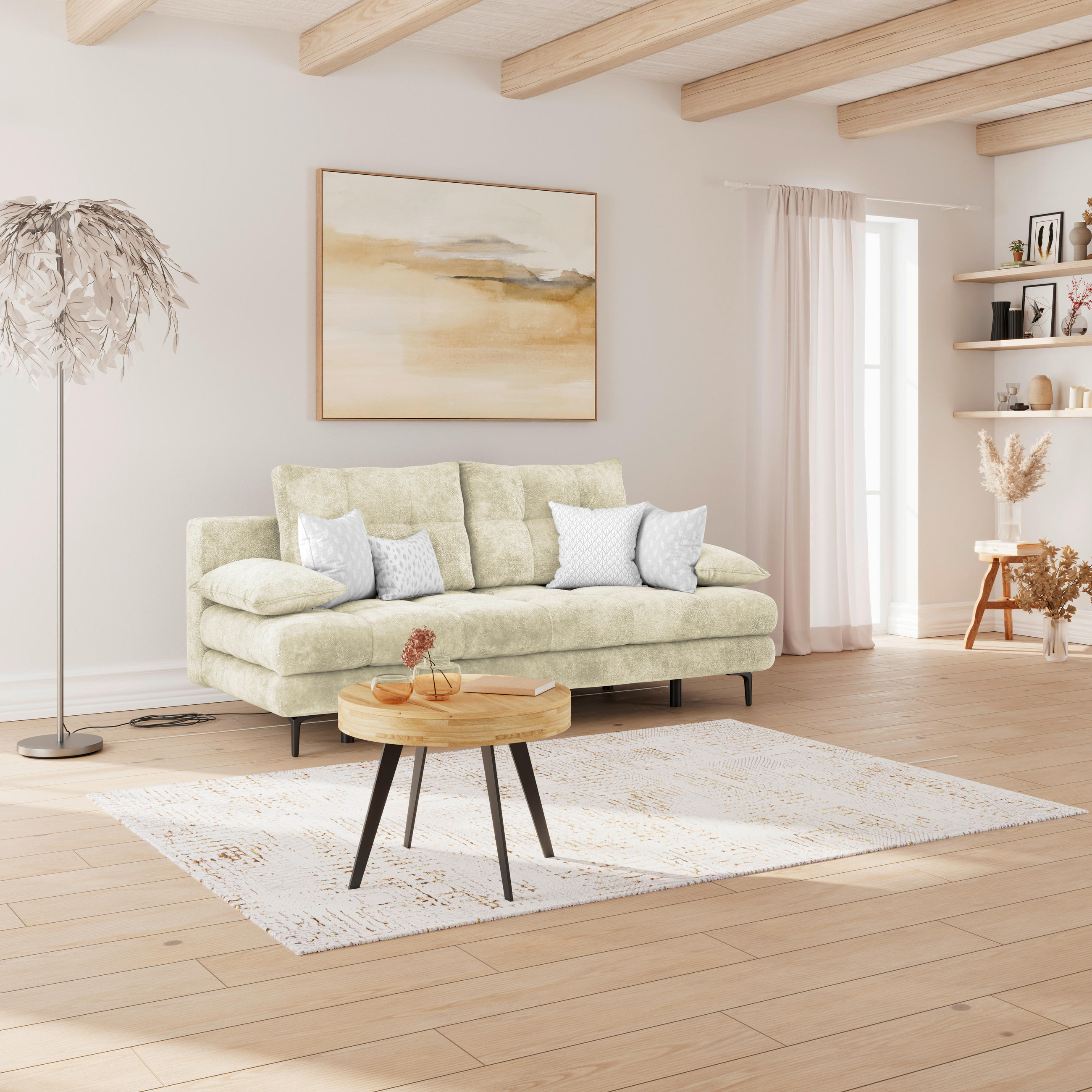 SCHLAFSOFA  mit Liegefunktion, Schlafen auf Sitzhöhe, Rücken echt Chenille Creme  - Creme/Schwarz, KONVENTIONELL, Textil/Metall (203/94/96cm) - Carryhome