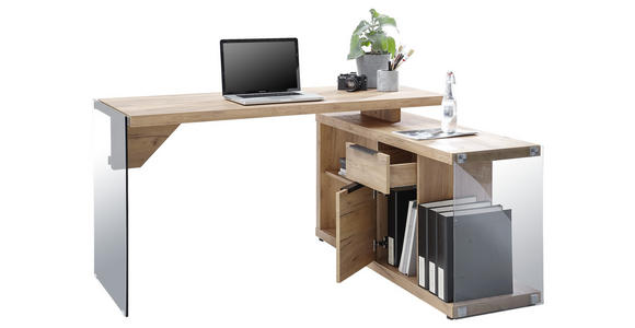 ECKSCHREIBTISCH 141,8/116,5/74 cm in Eichefarben - Chromfarben/Eichefarben, Design, Glas/Holzwerkstoff (141,8/116,5/74cm) - Novel