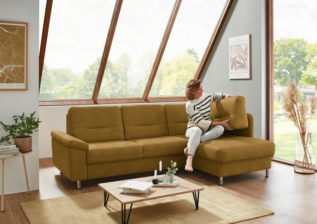 ECKSOFA  in Flachgewebe Currygelb  244/160 cm  - Currygelb/Alufarben, KONVENTIONELL, Textil/Metall (244/160cm) - Beldomo Comfort
