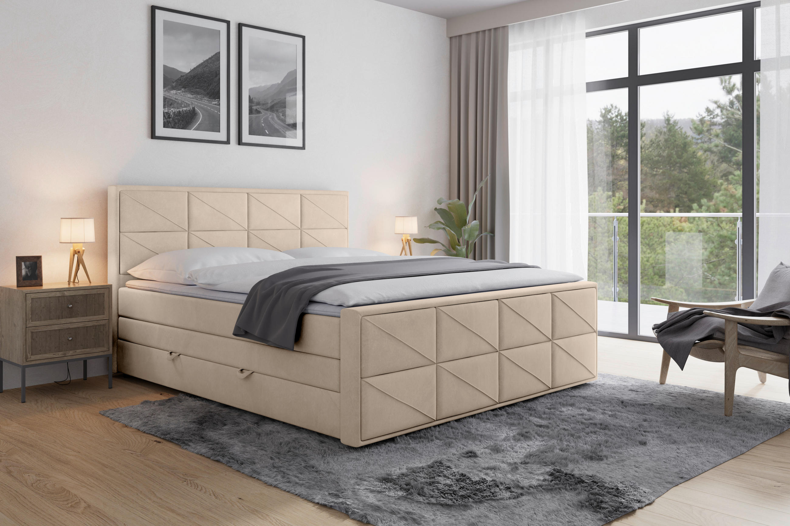 Thumbnail - Mid.you Boxspringbett, Beige, Textil, Birke, Buche,Birke, Buche, teilmassiv, Hartholz, H3 + H4, Höhe ca. 20 cm, 180x200 ...