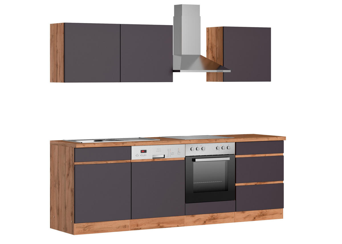KÜCHENBLOCK 240 cm   in Grau, Eiche Wotan  - Eiche Wotan/Grau, Design, Holzwerkstoff (240cm) - Held