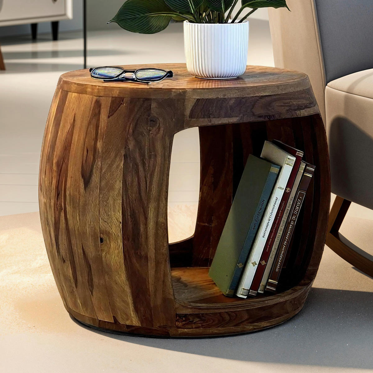 BEISTELLTISCH 50/50/40 cm Sheesham massiv Braun rund  - Braun, Design, Holz (50/50/40cm) - MID.YOU