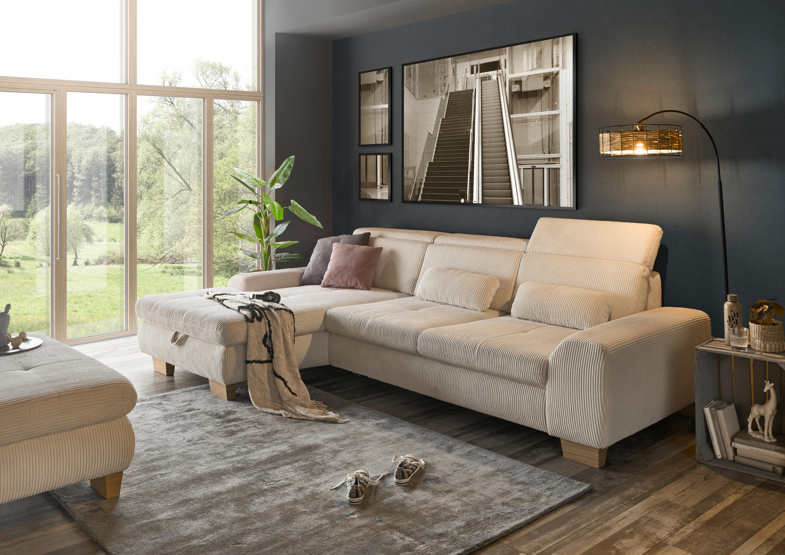 ECKSOFA Creme Kord - Eiche Bianco/Creme, KONVENTIONELL, Holz/Textil (195/315cm) - SetOne by Musterring
