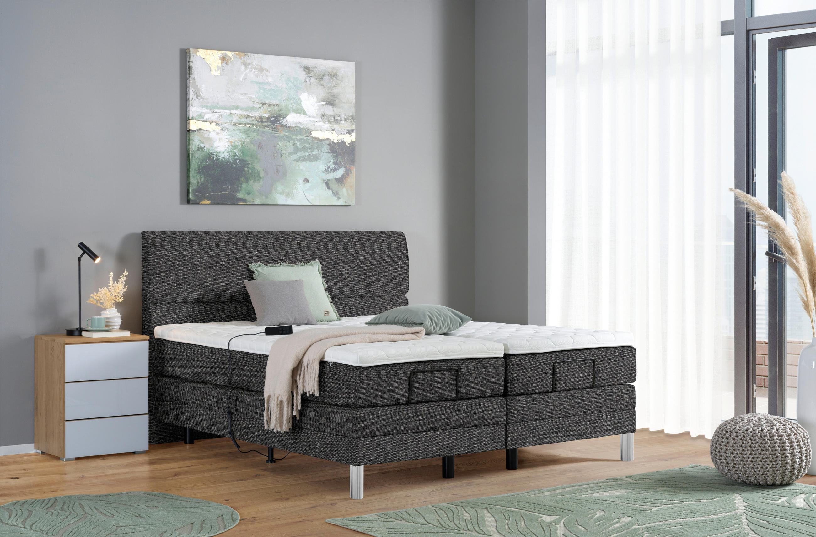 BOXSPRINGBETT 180/200 cm  in Dunkelgrau  - Chromfarben/Dunkelgrau, KONVENTIONELL, Kunststoff/Textil (180/200cm) - Voleo