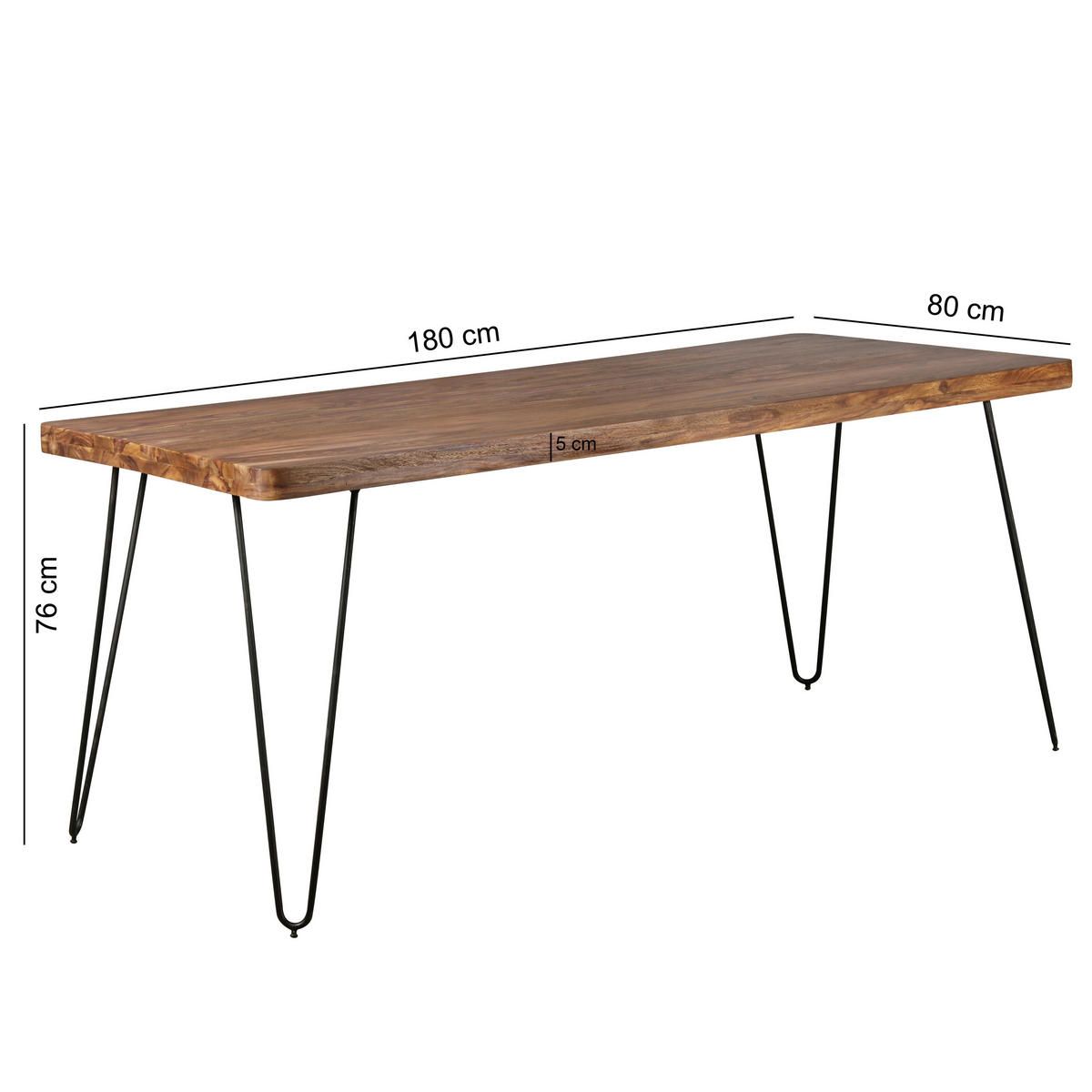 ESSTISCH Sheesham massiv rechteckig Sheeshamfarben  - Sheeshamfarben/Schwarz, Design, Holz/Metall (180/80/76cm) - MID.YOU