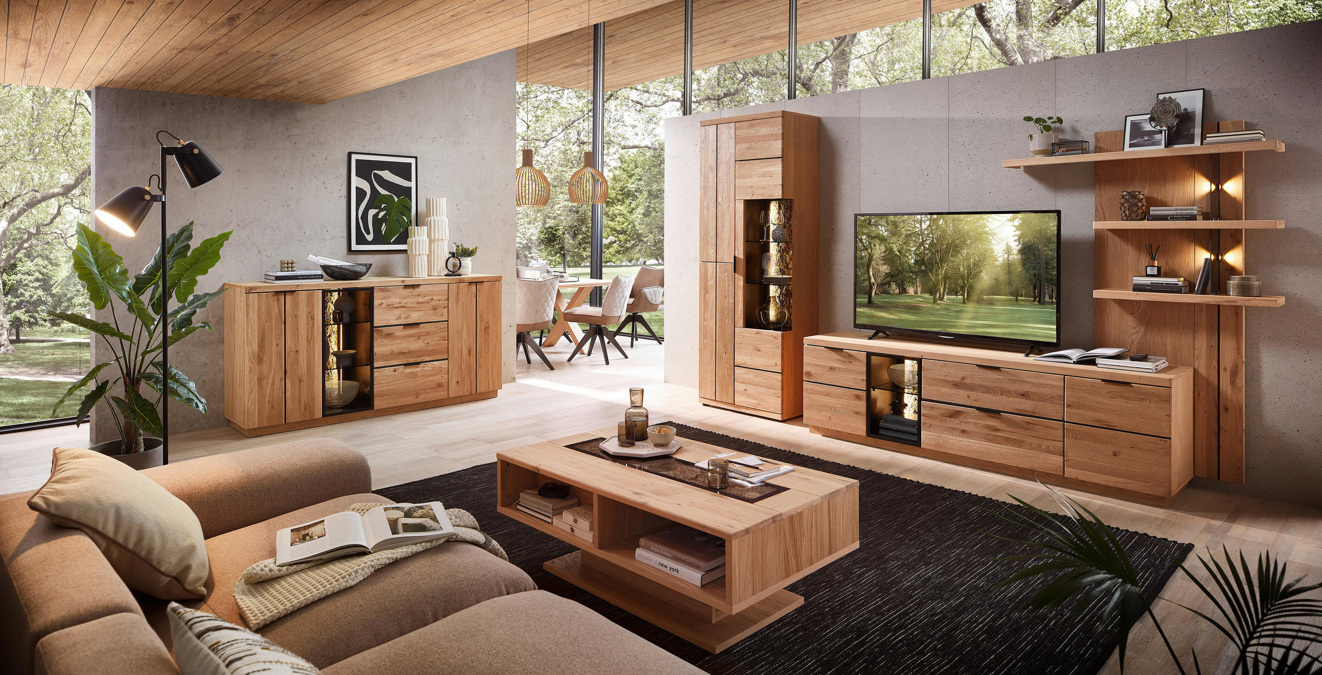 WOHNWAND  in Schwarz, Wildeiche  310/207/50 cm  - Wildeiche/Schwarz, Natur, Glas/Holz (310/207/50cm) - Livetastic