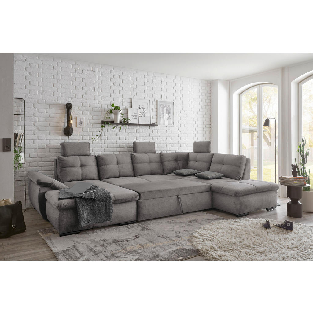 Thumbnail - Carryhome Wohnlandschaft, Hellgrau, Textil, 7-Sitzer, Füllung: Schaumstoffflocken, Ottomane rechts, U-Form, 334x217 cm, ...
