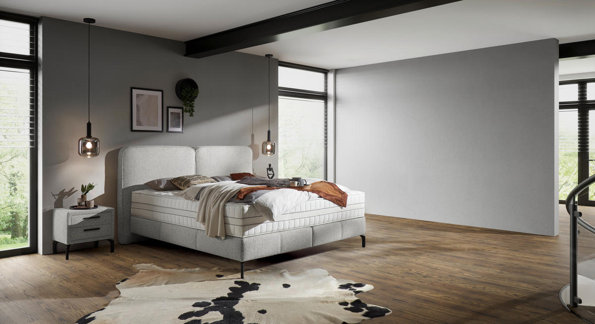 BOXSPRINGBETT 180/200 cm,  in Hellgrau, H2 + H3 = mittel + fest  - Hellgrau/Schwarz, KONVENTIONELL, Textil/Metall (180/200cm) - Voleo