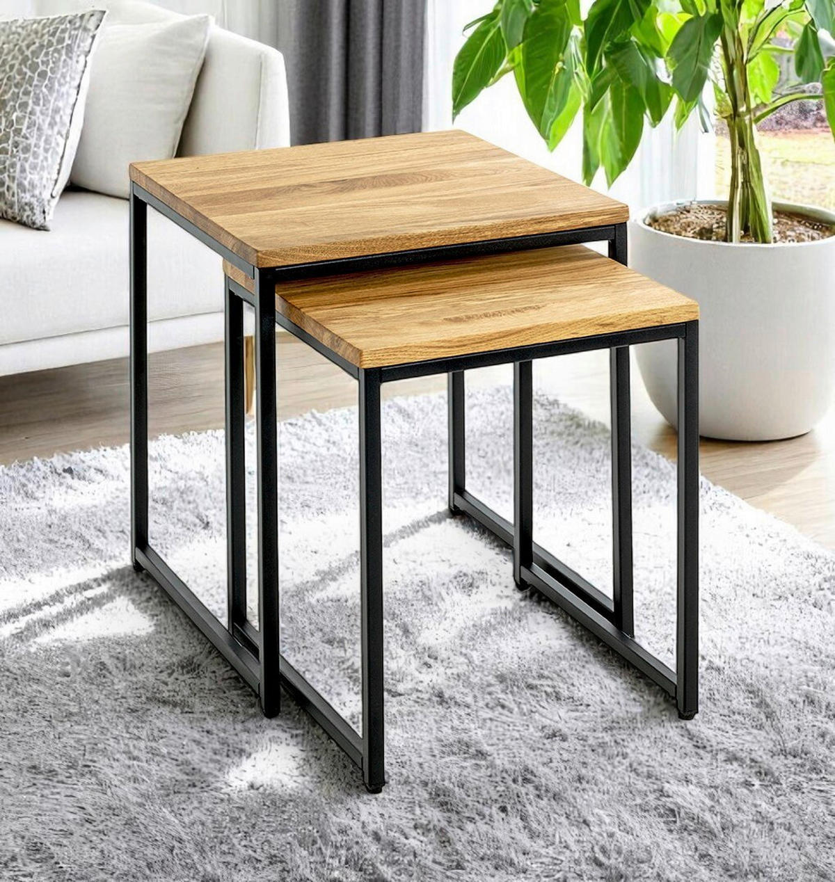 BEISTELLTISCHSET Eiche massiv rechteckig Schwarz, Eichefarben  - Eichefarben/Schwarz, Design, Holz/Metall
