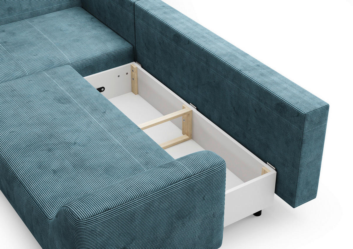 ECKSCHLAFSOFA  mit Bettkasten erhältlich, seitenverkehrt erhältlich, Schlafen auf Sitzhöhe, Bettfunktion erhältlich, Rücken echt Cord Mintgrün  - Schwarz/Mintgrün, Design, Textil/Metall (167/273cm) - MID.YOU