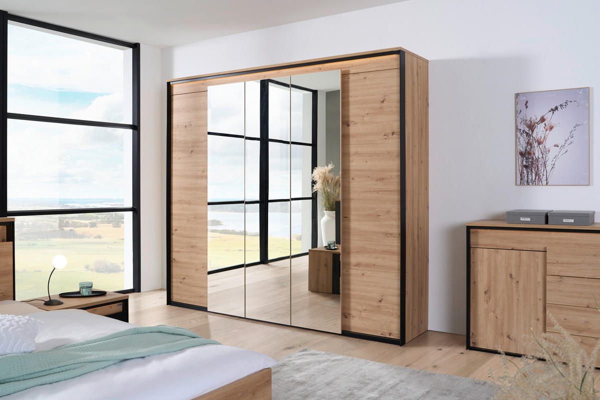 DREHTÜRENSCHRANK in Schwarz, Eiche Artisan  - Schwarz/Eiche Artisan, Design, Glas/Holzwerkstoff (251/227/59cm) - Voleo