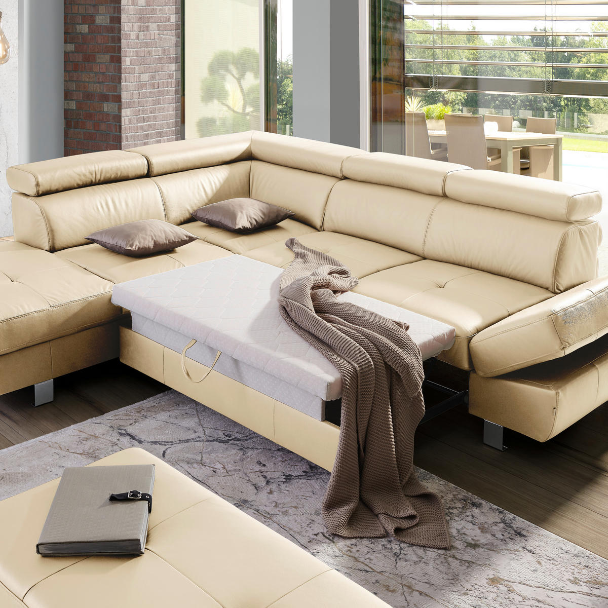 Ecksofa inkl. Funktion Ecru Kombination Echtleder/Lederlook Lederlook  - Chromfarben/Ecru, Design, Leder/Textil (212/265cm) - Stylife