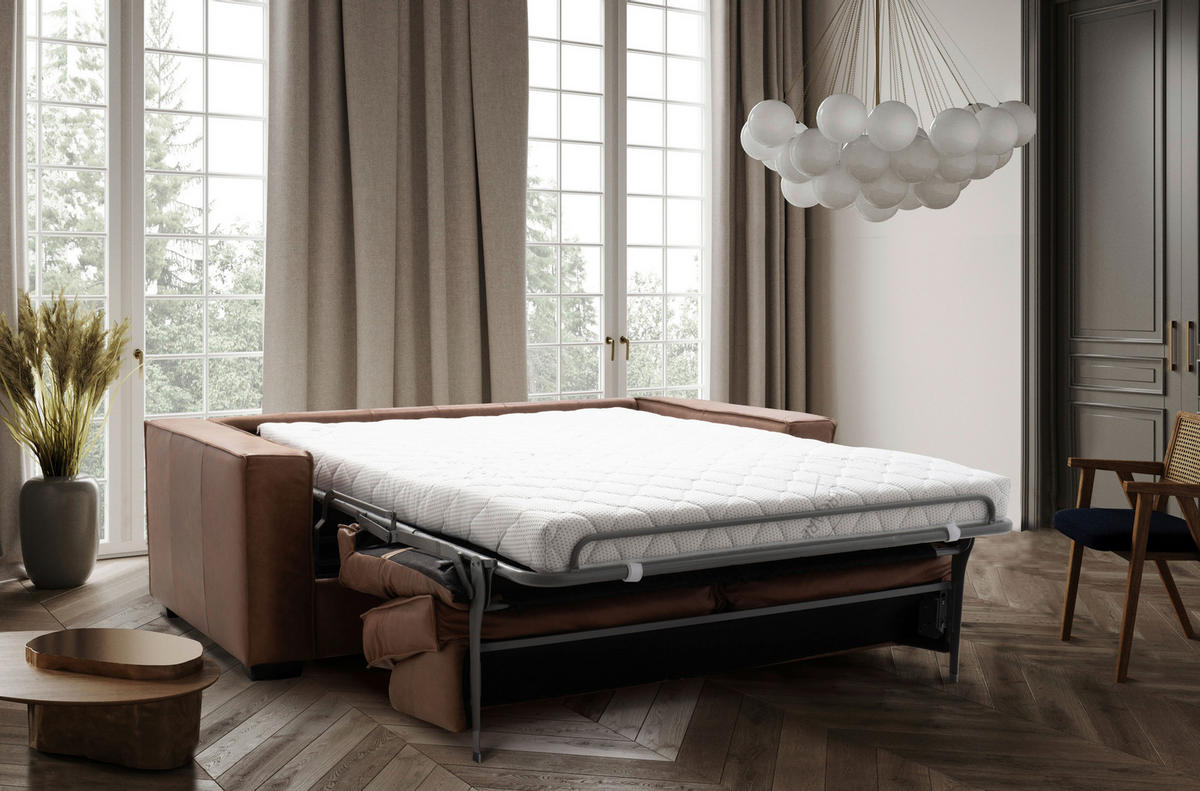 SCHLAFSOFA in Echtleder Cognac  - Cognac/Dunkelbraun, Design, Leder/Holz (203/85/99cm) - MID.YOU