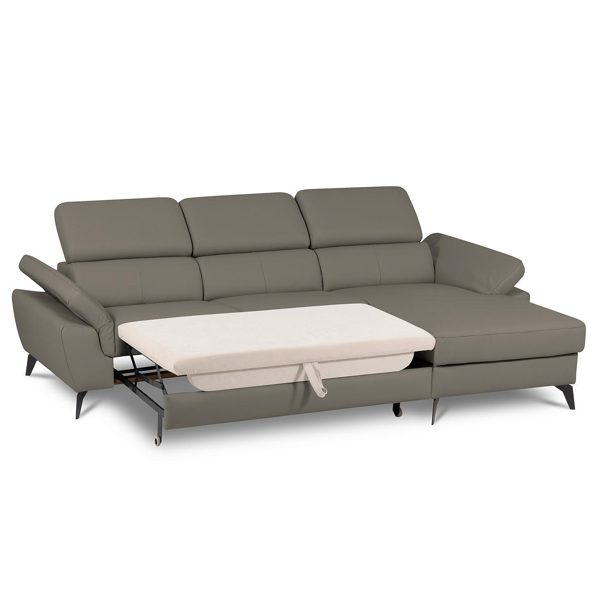 ECKSOFA SONO in Lederlook Echtleder Schlammfarben Bettkasten, Armteilverstellung, Kopfteilverstellung  252/179 cm  - Schlammfarben/Schwarz, Design, Leder/Textil (252/179cm) - Livetastic