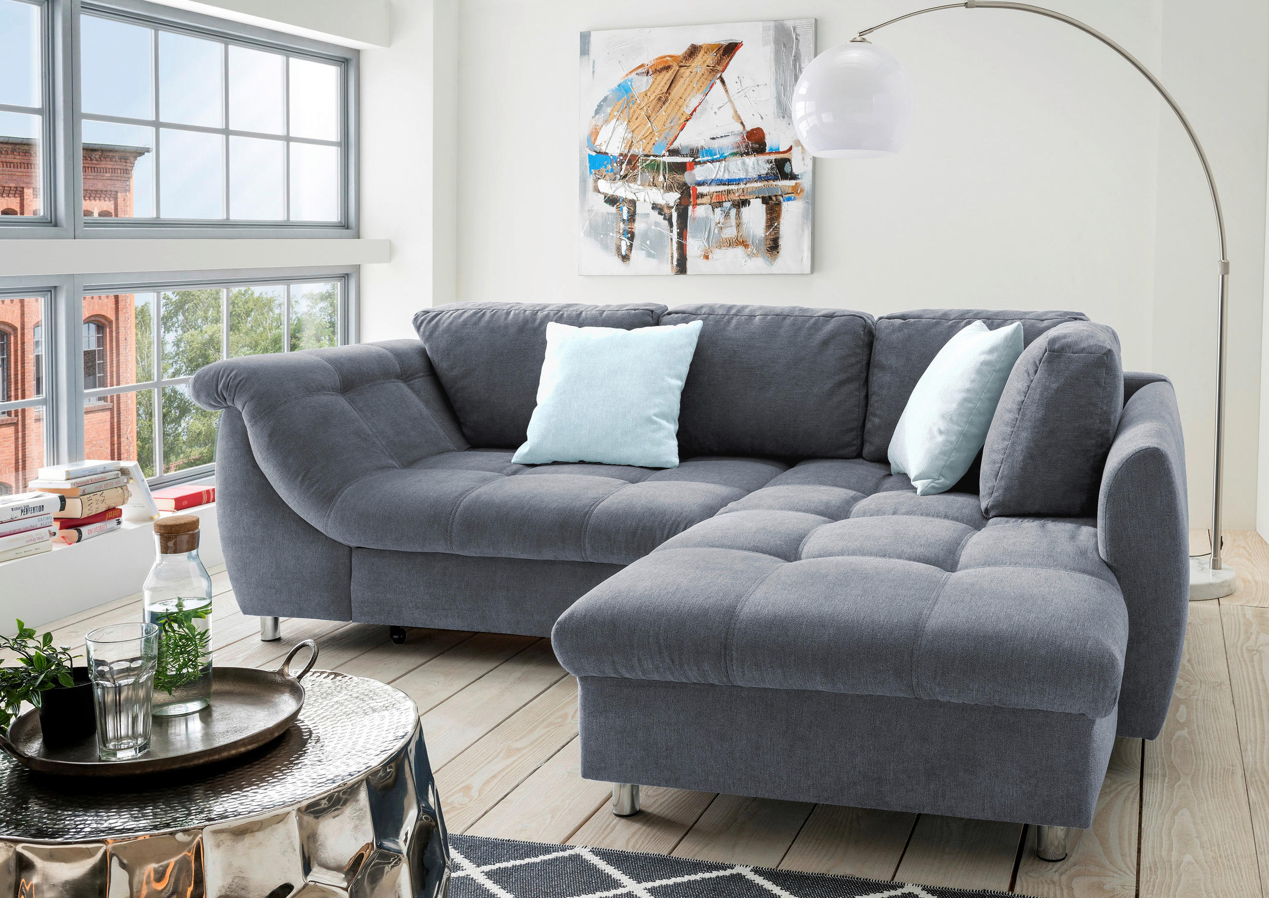 ECKSOFA Anthrazit, Pastellblau Mikrofaser - Chromfarben/Pastellblau, Design, Textil (250/190cm) - Livetastic