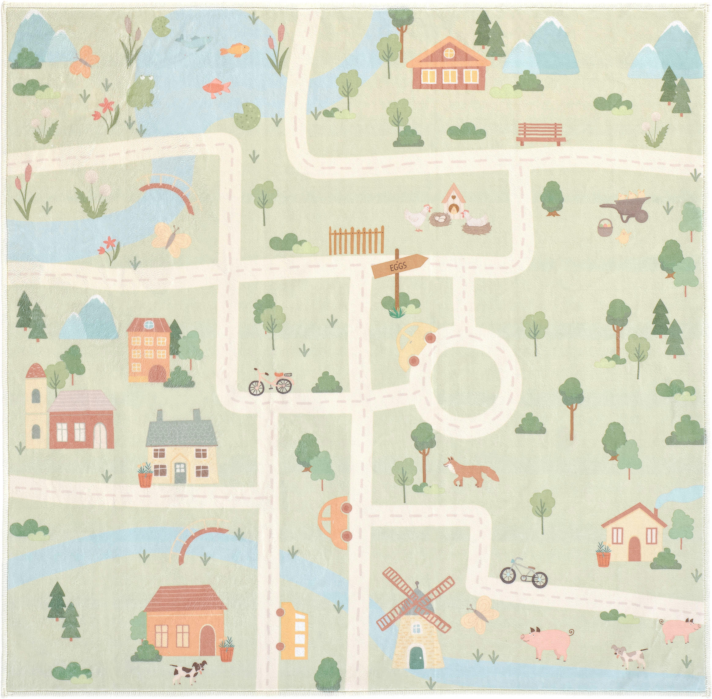 KINDERTEPPICH 120/120 cm LIVING ECOVIA, waschbar Bauernhof  - Pastellblau/Salbeigrün, Trend, Kunststoff/Textil (120/120cm) - Lindorug