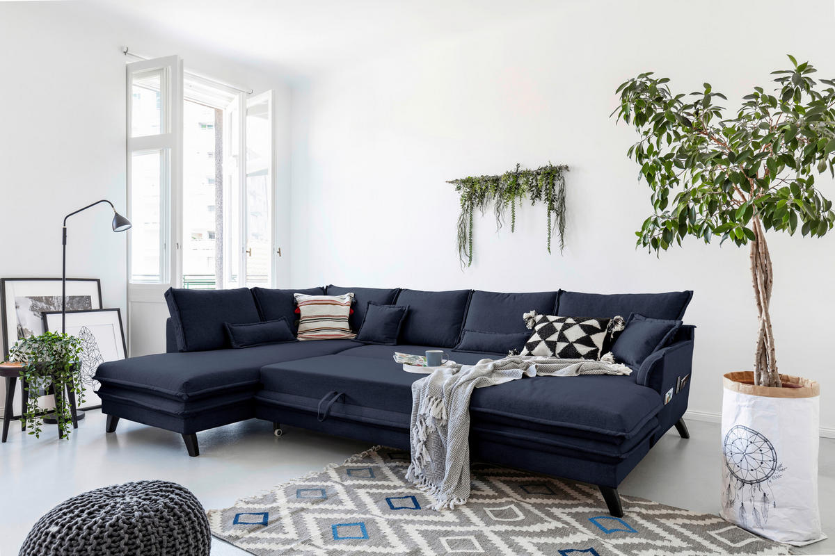 WOHNLANDSCHAFT in Mikrofaser Dunkelblau  - Schwarz/Dunkelblau, Design, Holz/Textil (200/300/150cm) - P & B
