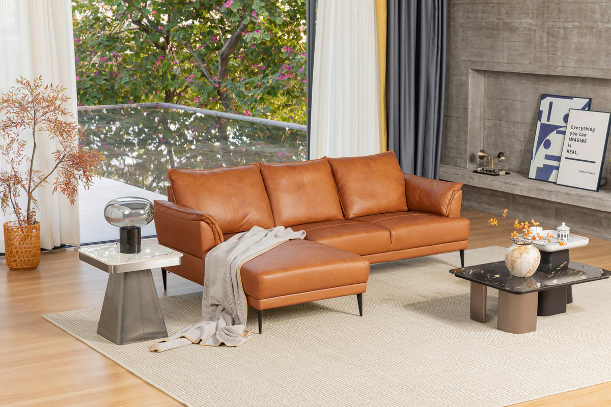 KOTNA SEDEŽNA GARNITURA, kombinacija pravo usnje/videz usnja barve konjaka  - črna/barve konjaka, Design, kovina/tekstil (153/233cm) - Livetastic