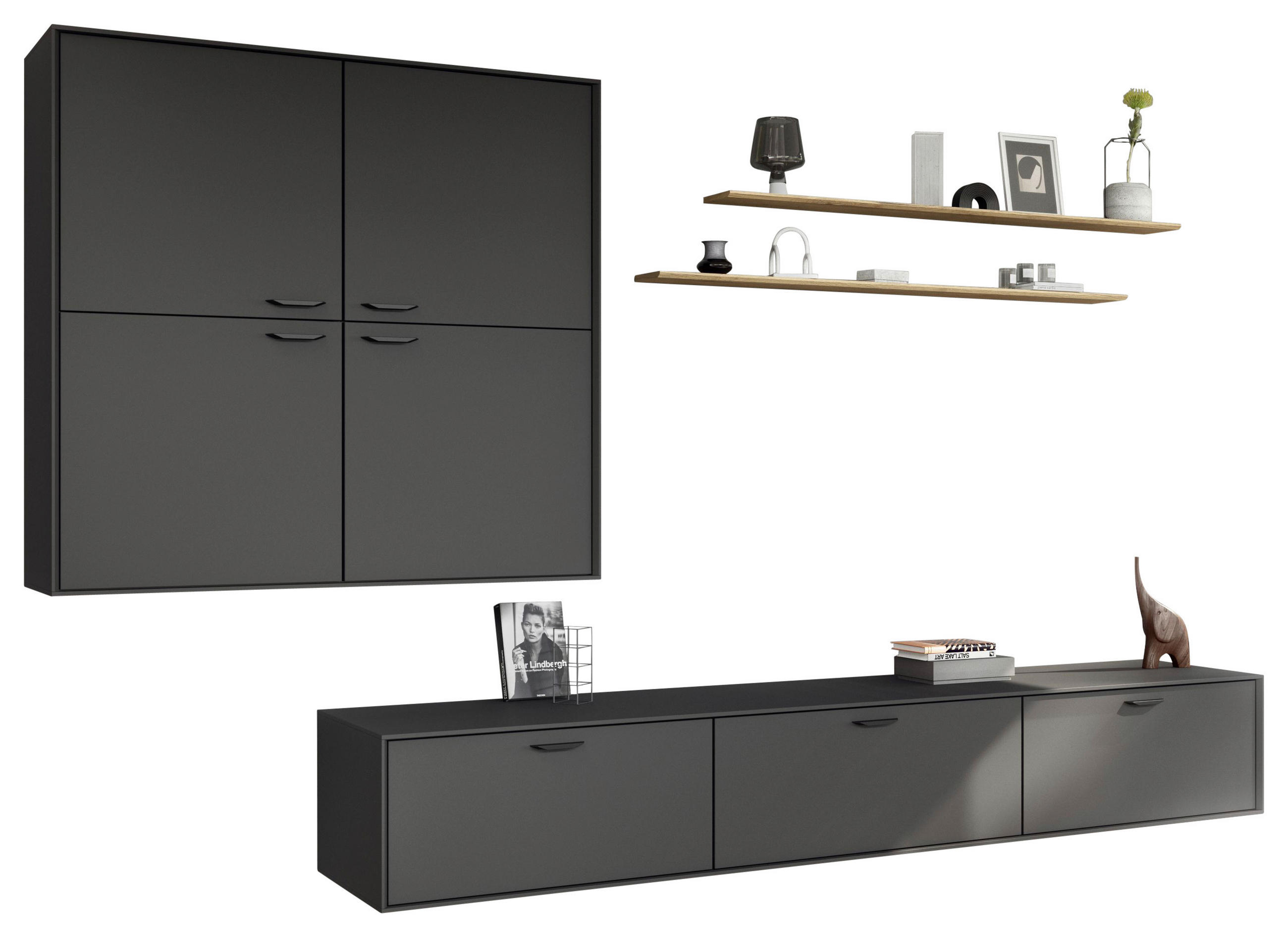 WOHNWAND  in Graphitfarben, Schwarz, Eichefarben  300/205,2/49,7 cm  - Eichefarben/Schwarz, Design, Holzwerkstoff/Metall (300/205,2/49,7cm) - Celina Home