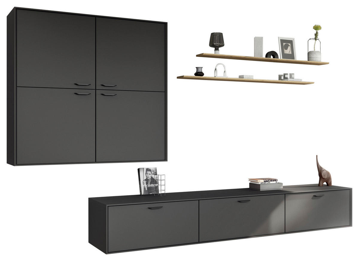 WOHNWAND  in Graphitfarben, Schwarz, Eichefarben  300/205,2/49,7 cm  - Eichefarben/Schwarz, Design, Holzwerkstoff/Metall (300/205,2/49,7cm) - Celina Home