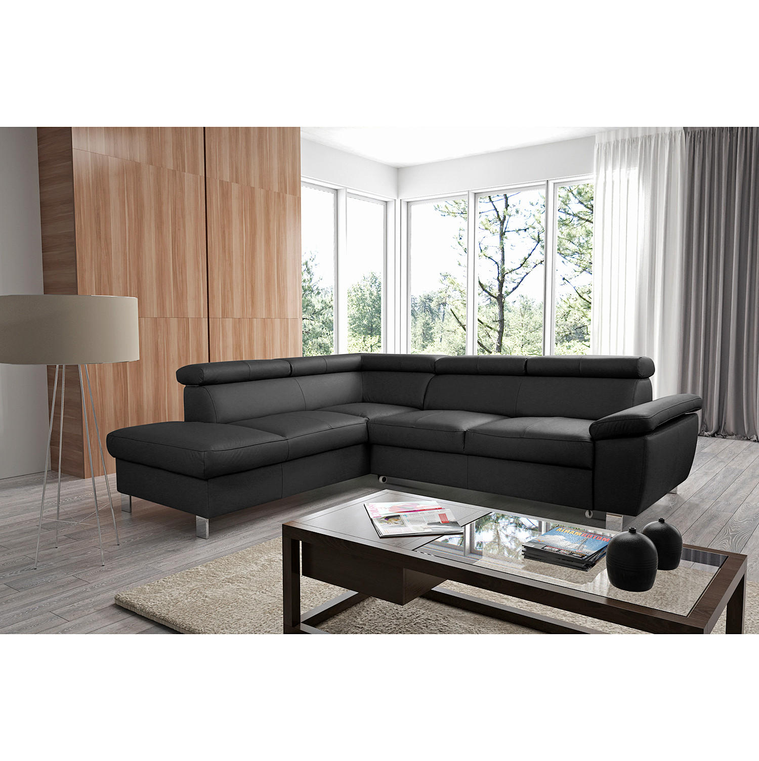 ECKSOFA Schwarz Echtleder Lederlook  - Chromfarben/Schwarz, Design, Leder/Textil (208/248cm) - Livetastic
