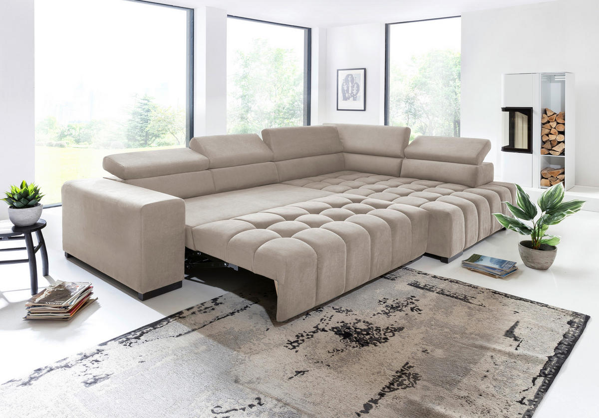 ECKSCHLAFSOFA Beige Velours  - Beige/Schwarz, Design, Holz/Textil (307/201cm) - Livetastic