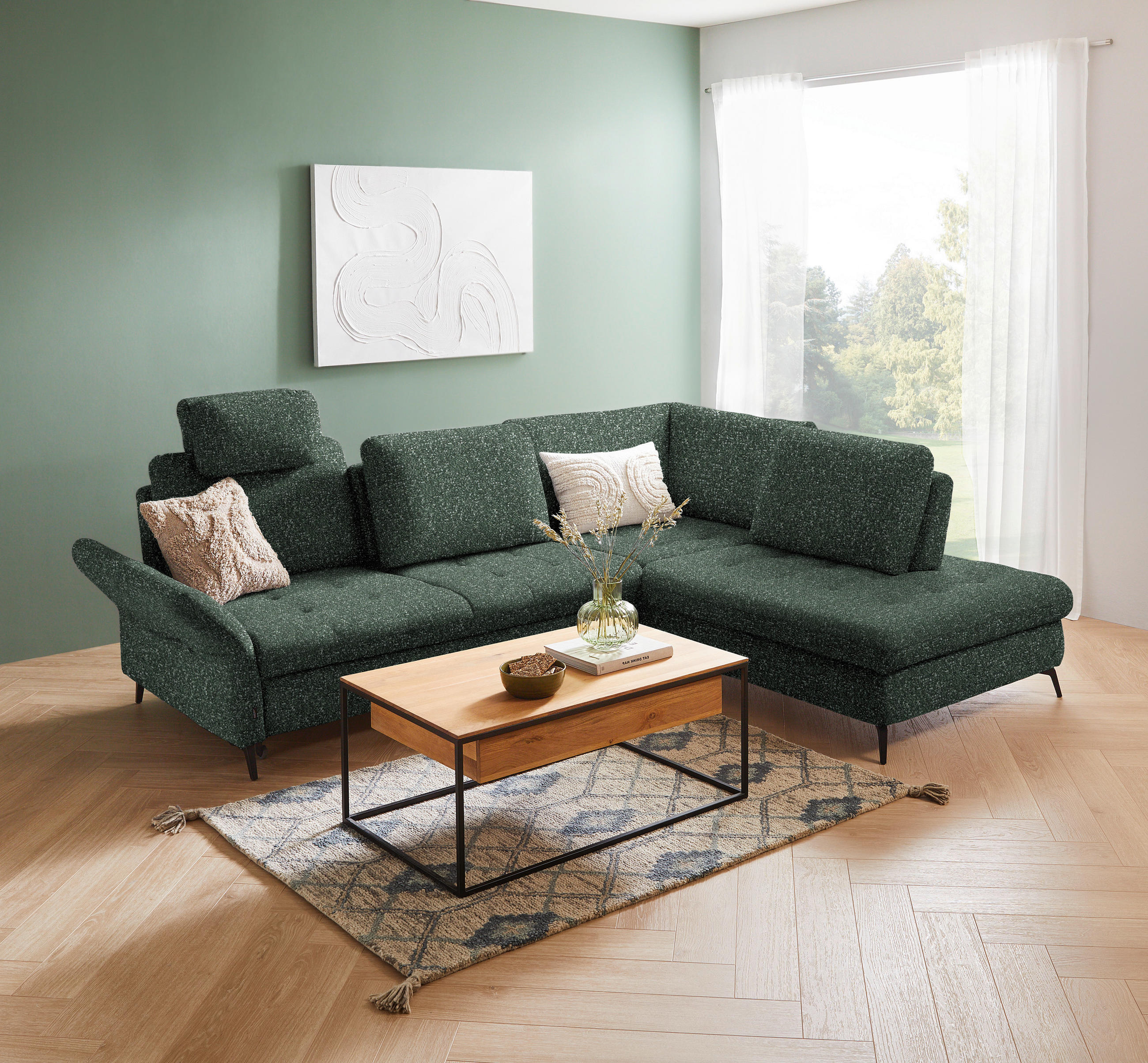 ECKSOFA Grün Bouclé  - Schwarz/Grün, Natur, Textil/Metall (288/233cm) - Valnatura