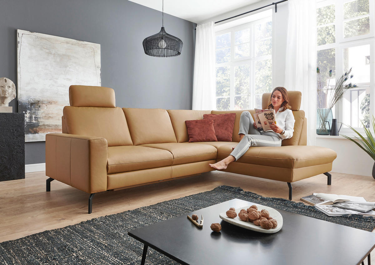 ECKSOFA in Echtleder Currygelb  - Currygelb/Schwarz, Design, Leder/Metall (194/250cm) - Beldomo Premium