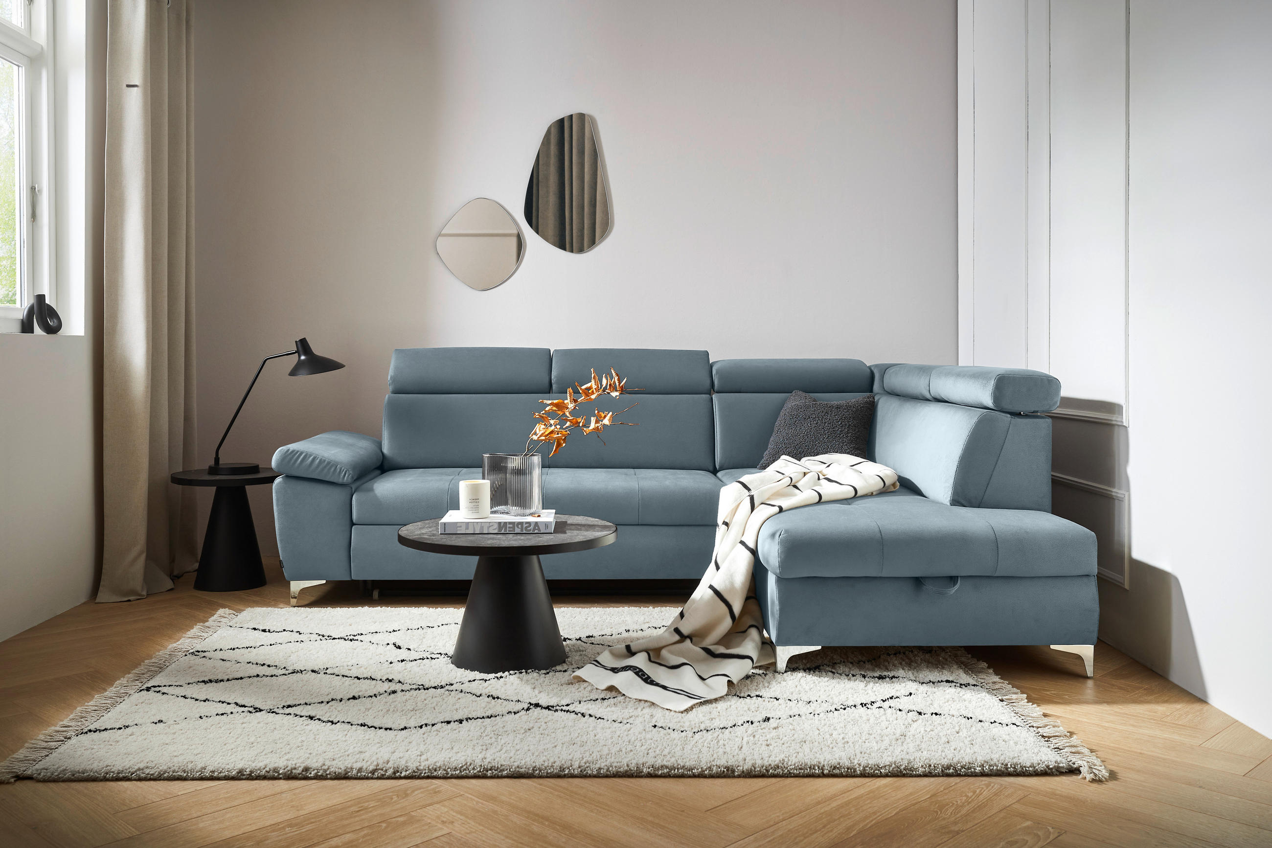 ECKSOFA Hellblau Mikrofaser  - Chromfarben/Hellblau, KONVENTIONELL, Textil/Metall (271/206cm) - Carryhome