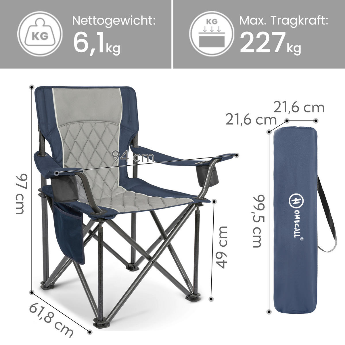 CAMPING-KLAPPSTUHL - Blaugrau, Basics, Textil/Metall (94/97/61.8cm) - Modante
