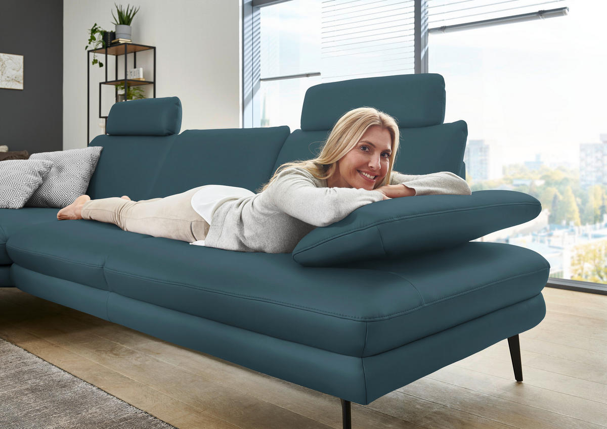 ECKSOFA in Echtleder Blau  - Blau/Schwarz, Design, Leder/Metall (180/310cm) - Dieter Knoll