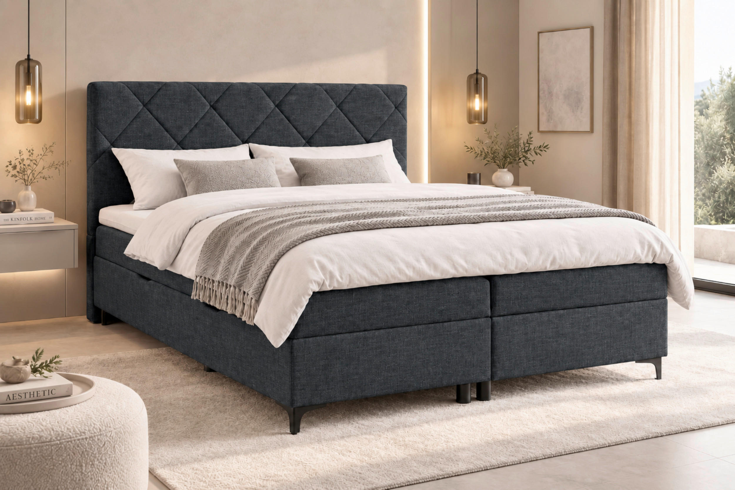 BOXBETT 180/200 cm,  in Anthrazit, Bettkasten, Topper, H3 + H3 = fest  - Anthrazit/Schwarz, MODERN, Holz/Textil (180/200cm) - MID.YOU