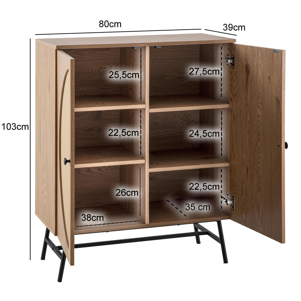 SIDEBOARD 80/103/39 cm  in Eichefarben  - Eichefarben/Schwarz, Design, Holzwerkstoff/Metall (80/103/39cm) - MID.YOU