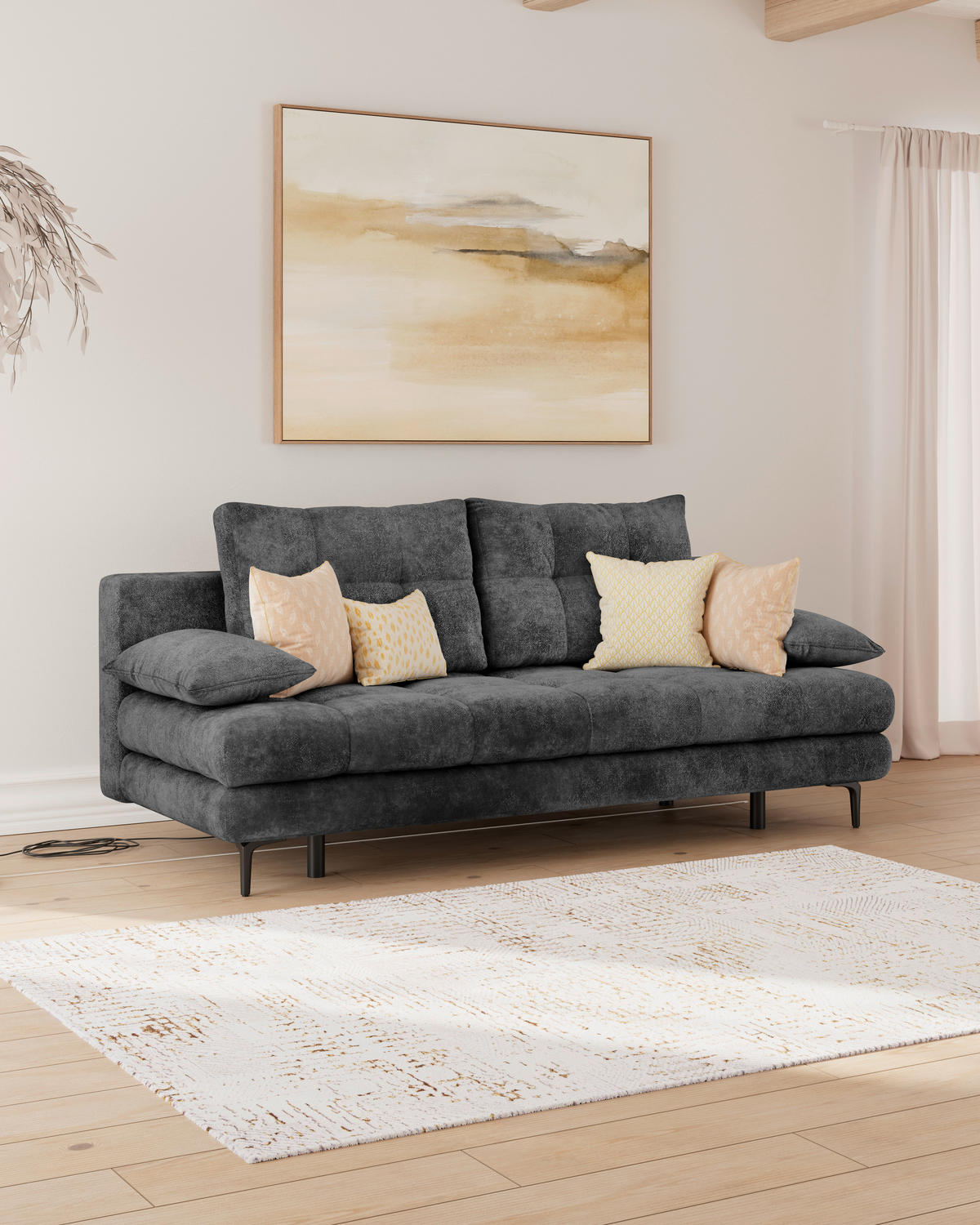 SCHLAFSOFA  mit Liegefunktion, Schlafen auf Sitzhöhe, Rücken echt Chenille Schwarz  - Schwarz, KONVENTIONELL, Textil/Metall (203/94/96cm) - Carryhome