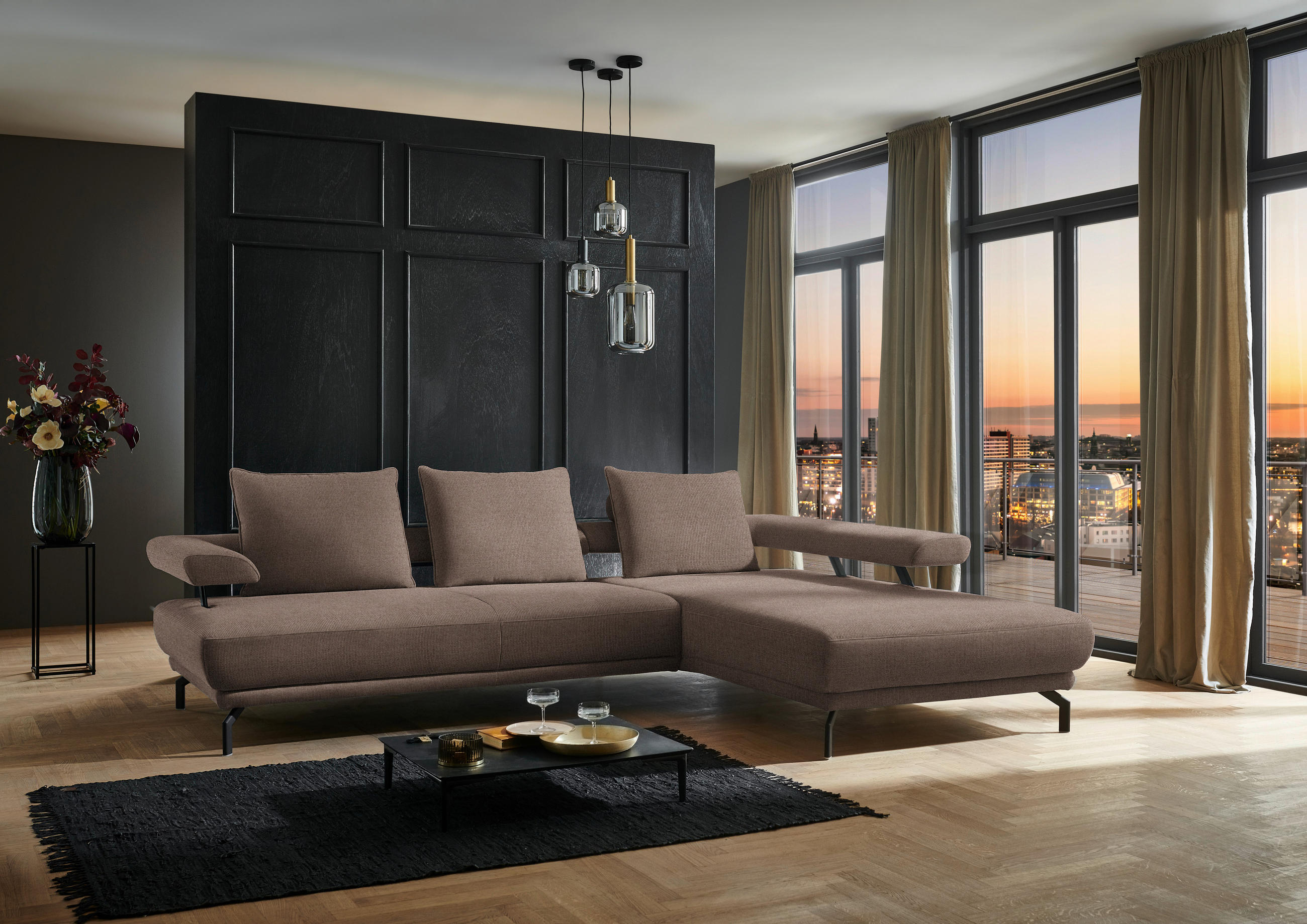 ECKSOFA in Chenille Braun  - Schwarz/Braun, Design, Textil/Metall (305/224cm) - Dieter Knoll
