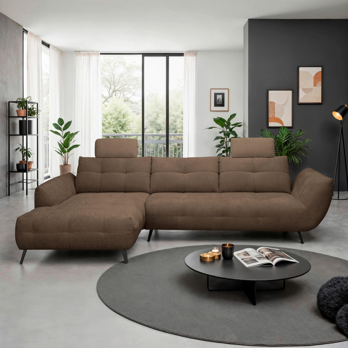 ECKSOFA Terracotta Chenille Armlehnenkissen, Rücken echt, Sitztiefenverstellung  - Terracotta/Schwarz, KONVENTIONELL, Textil/Metall (215/313cm) - Hom`in