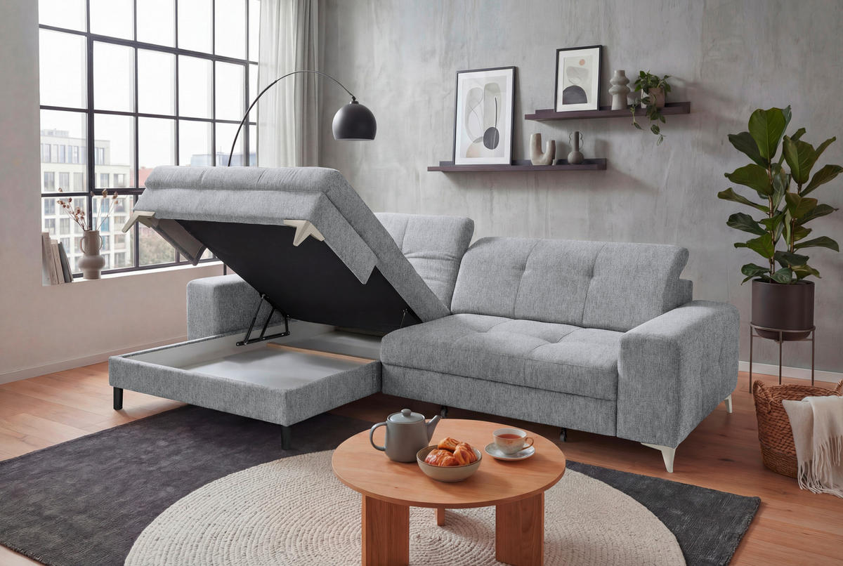 ECKSOFA Mikrovelours Hellgrau  - Kaschmir/Hellgrau, Design, Kunststoff/Textil (182/328cm) - MID.YOU