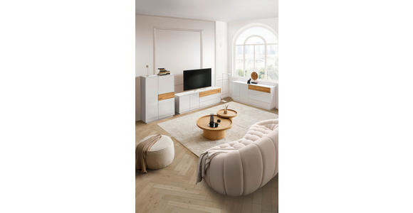 LOWBOARD Triest 207/69/42 cm 2 Schublade(n) individuell planbar, Beimöbel erhältlich, stehend, Abdeckplatte aus Glas  - Eichefarben/Weiß, Design, Glas/Holz (207/69/42cm) - Novel