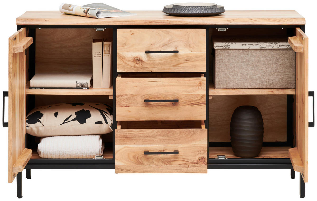 SIDEBOARD  130/80/40 cm 3 Schublade(n)  - Schwarz/Akaziefarben, LIFESTYLE, Holz/Metall (130/80/40cm) - Landscape