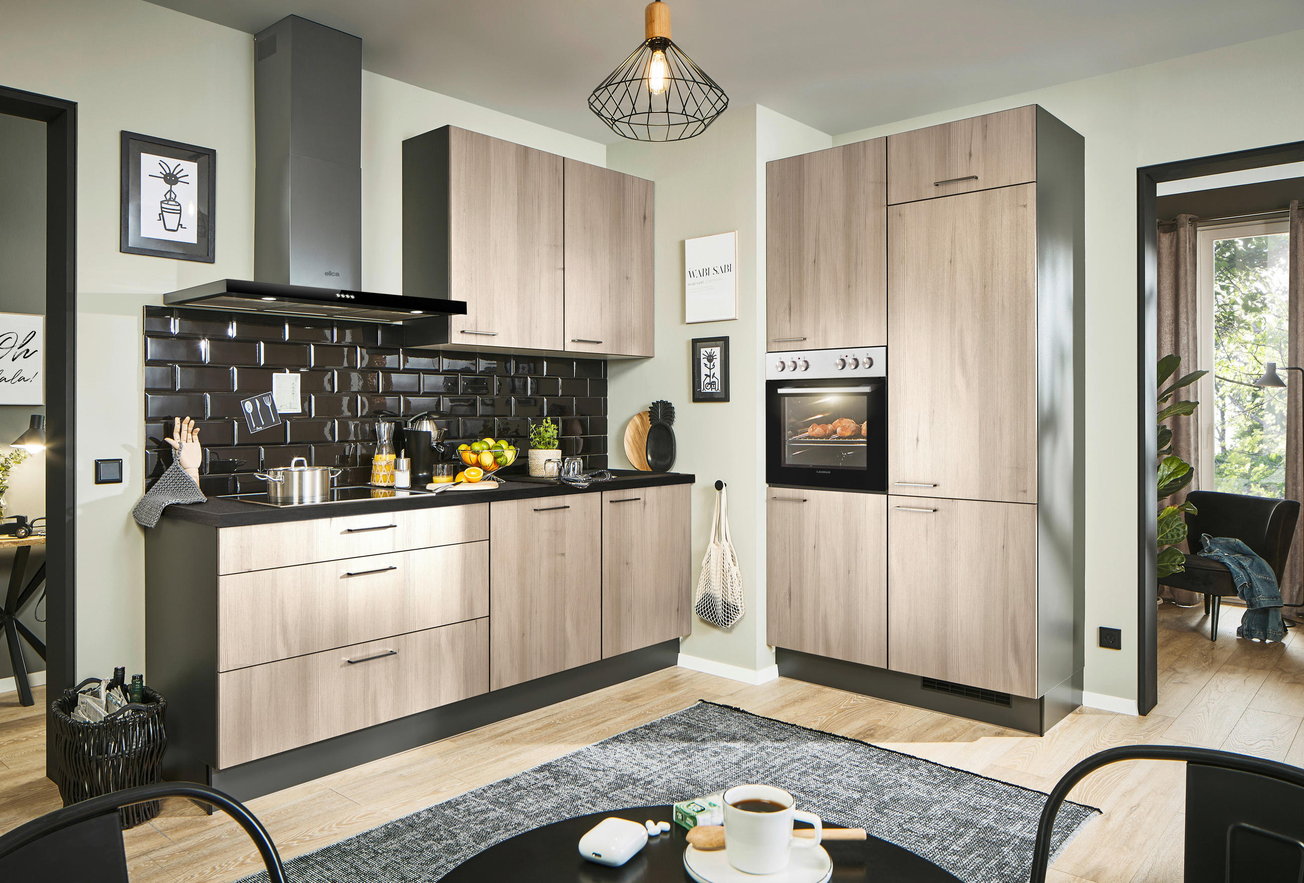 ECKKÜCHE 220/120 cm  in Graphitfarben, Schwarz, Tannenholzfarben  - Tannenholzfarben/Schwarz, Design, Holzwerkstoff/Metall (220/120cm) - Xora