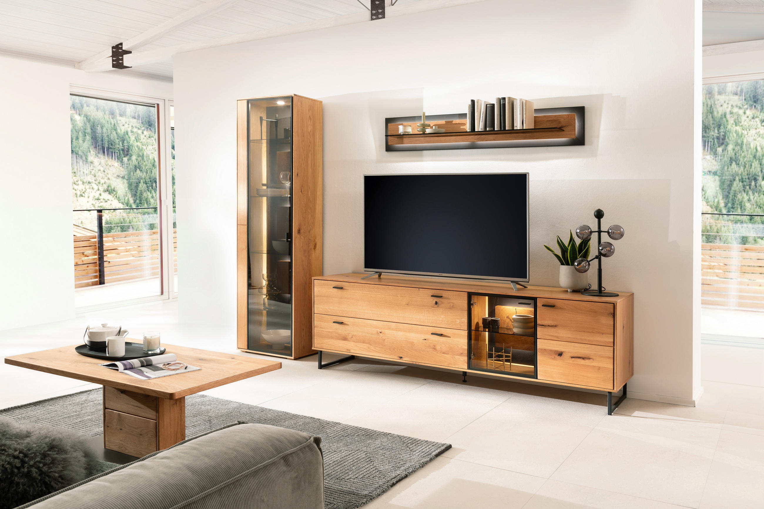 WOHNWAND Nairobi  in Wildeiche  286/206/50 cm  - Wildeiche/Schwarz, Design, Glas/Holz (286/206/50cm) - MID.YOU