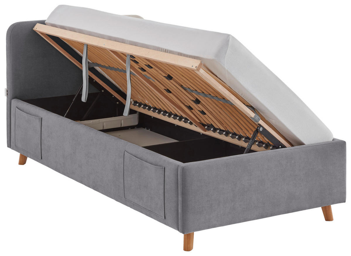 POLSTERBETT 90/200 cm,  in Grau, Eichefarben, Lattenrost, Bettkasten, Betttasche,  - Eichefarben/Birkefarben, KONVENTIONELL, Holz/Textil (90/200cm) - Boxxx