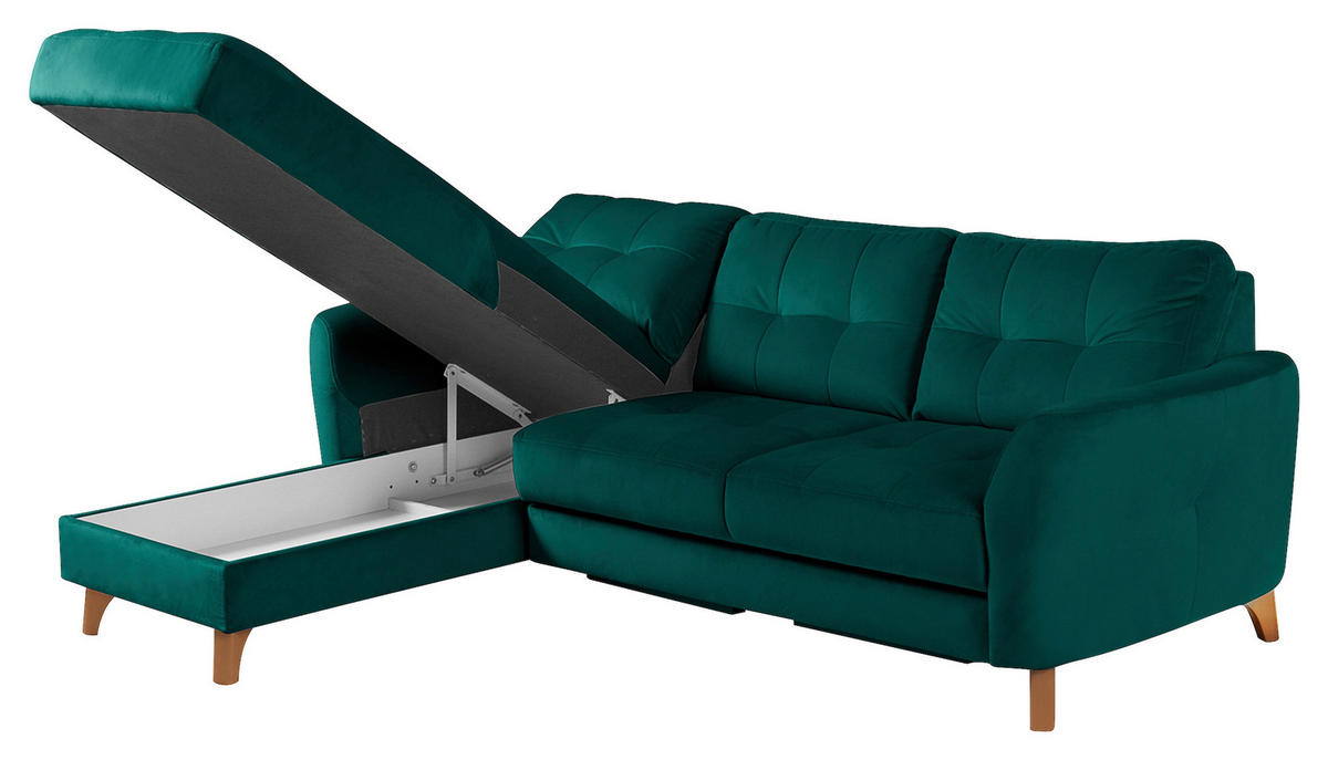 ECKSOFA Petrol Samt Bettkasten, Schlaffunktion, Liegefläche im Originalstoff  - Buchefarben/Petrol, Design, Holz/Textil (168/238cm) - Livetastic