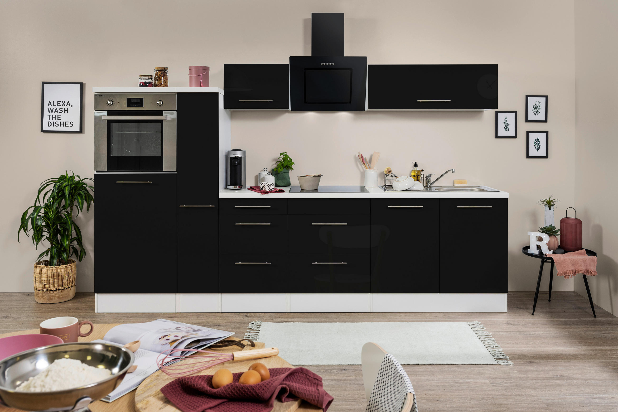 KÜCHENBLOCK 300 cm in Schwarz, Weiß - Edelstahlfarben/Schwarz, KONVENTIONELL, Metall (300cm) - Respekta