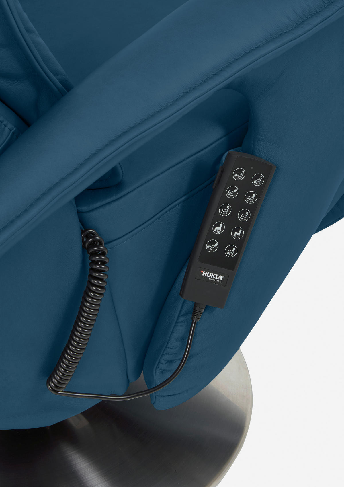 RELAXSESSEL Echtleder Relaxfunktion, Kopfteilverstellung, Aufstehhilfe    - Chromfarben/Blau, Design, Leder/Metall (77/110/87cm) - Valdera