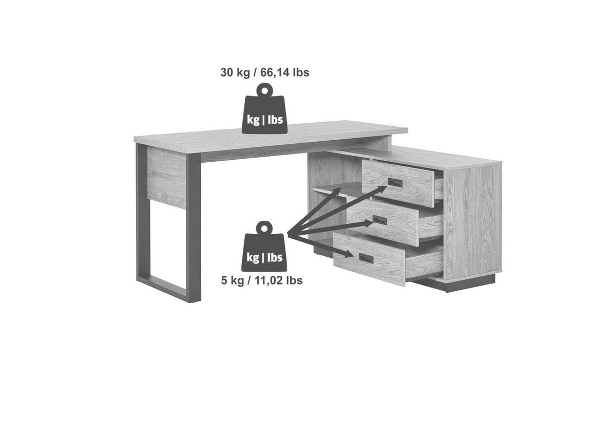 ECKSCHREIBTISCH  Schwarz, Walnussfarben Kabeldurchlass, Stauraum, seitenverkehrt montierbar, in verschiedenen Holzarten erhältlich  - Walnussfarben/Schwarz, KONVENTIONELL, Holzwerkstoff/Metall (150/75,5/116cm) - MID.YOU