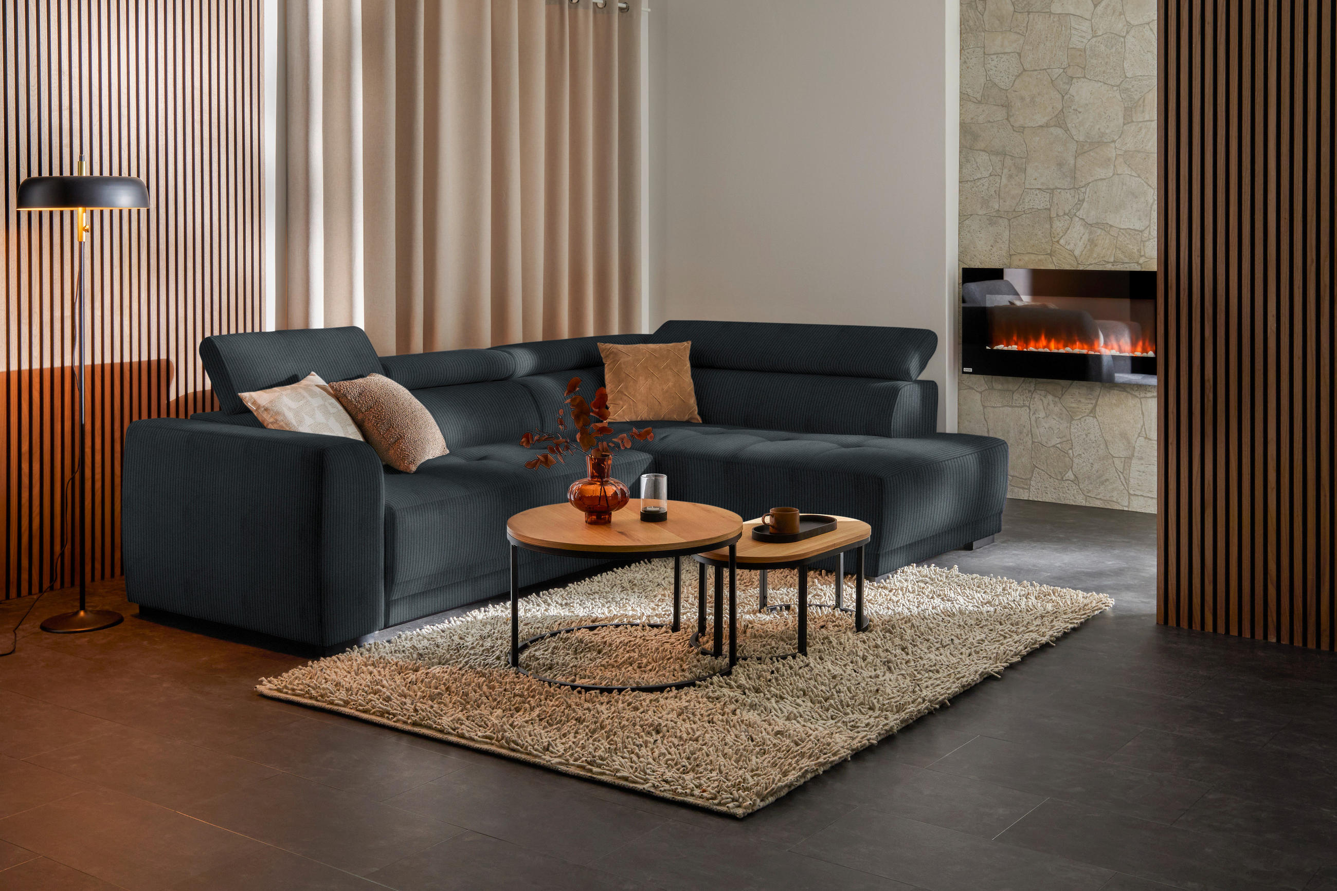 ECKSOFA in Feincord Anthrazit  - Anthrazit/Schwarz, Design, Kunststoff/Textil (284/205cm) - MID.YOU