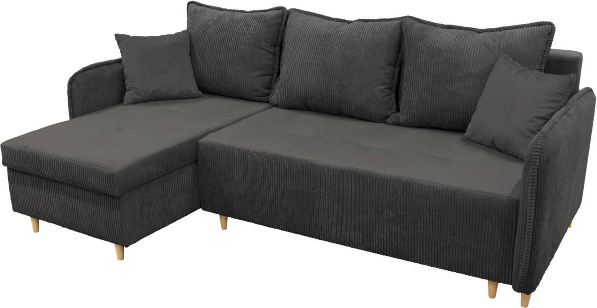 ECKSOFA TEDDY Dunkelgrau Cord, Bouclé Zierkissen, Rückenkissen, Bettkasten  - Dunkelgrau/Naturfarben, Design, Holz/Textil (142/215cm) - MID.YOU